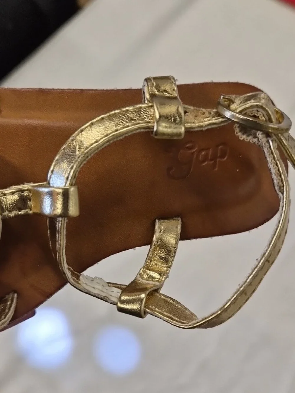 GAP Girls Gold T-Strap Sandals with Clear Crystal Accent